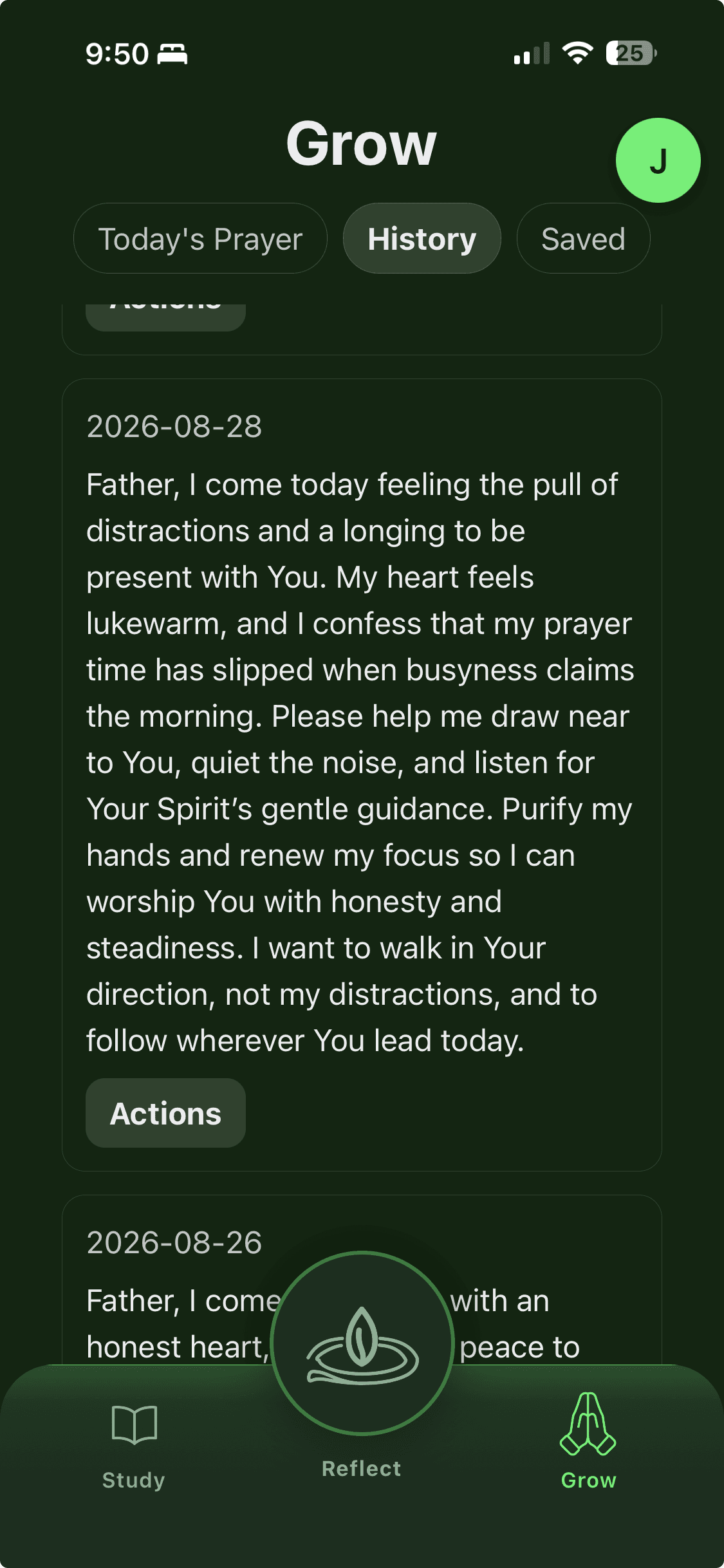Grow screen displaying a personal prayer