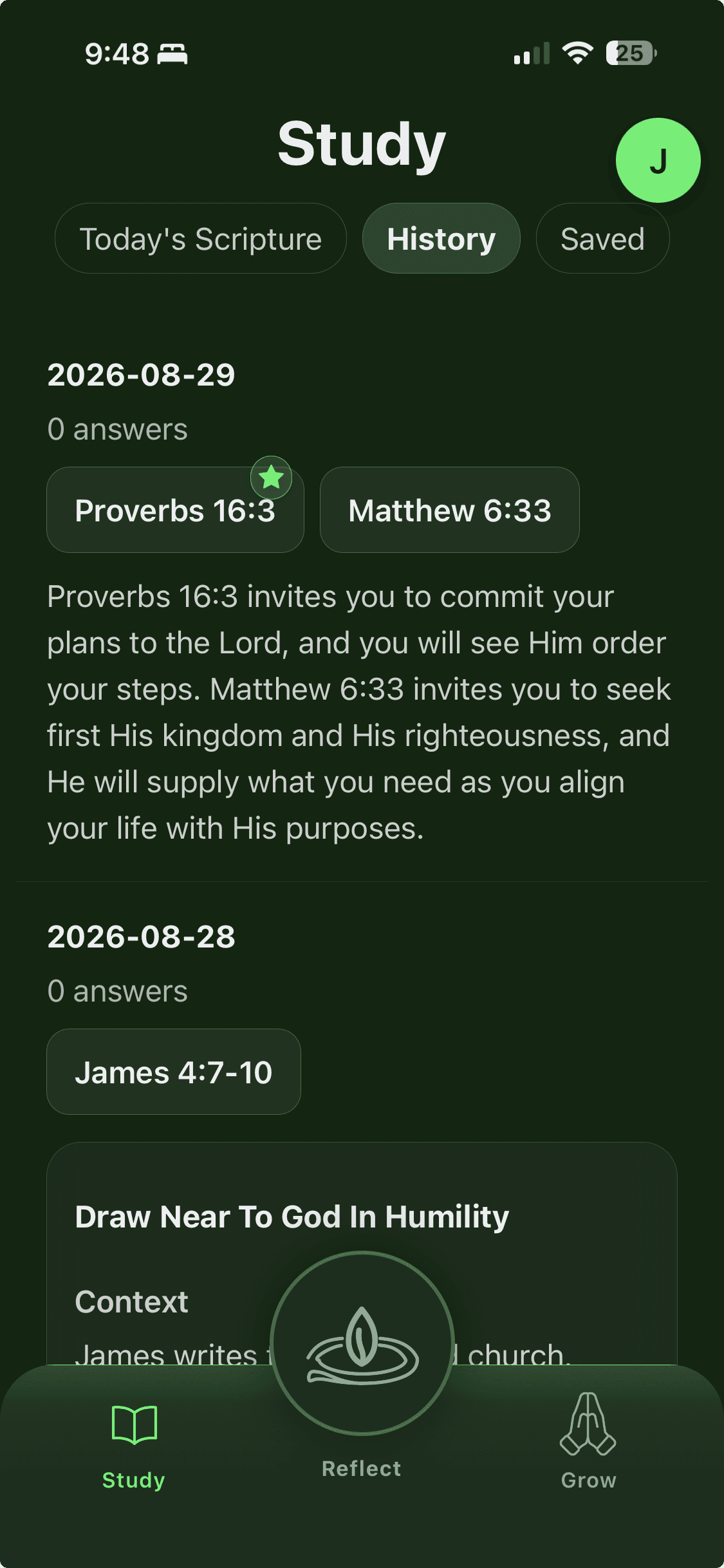 Study screen with recommended Scripture passages